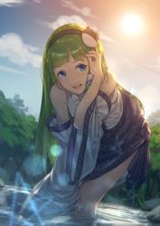 Rule 34 | 1girl, absurdres, bad id, bad pixiv id, bare shoulders, bent over, blue eyes, blue skirt, blunt bangs, congming lan, day, detached sleeves, frog hair ornament, green hair, hair ornament, hairband, hand up, highres, kochiya sanae, lens flare, long hair, looking at viewer, nature, open mouth, outdoors, skirt, sky, smile, solo, star (symbol), sun, touhou, very long hair, wading, water, wide sleeves