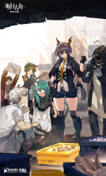 Rule 34 | +++, 2boys, 2girls, ^ ^, animal ears, arknights, bag, black hair, black shirt, blouse, ch&#039;en (arknights), closed eyes, doctor (arknights), fish, flame-tipped tail, gloves, green hair, hair intakes, highres, holding, holding bag, holding wallet, horns, hoshiguma (arknights), jaye (arknights), jaye (elite ii) (arknights), long hair, multiple boys, multiple girls, necktie, official art, red eyes, scar, scar on arm, seafood, shell, shirt, short shorts, shorts, smile, thighs, wallet, white hair, white shirt