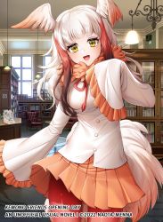 Rule 34 | 1girl, animal costume, bird girl, bird tail, bird wings, copyright notice, japanese crested ibis (kemono friends), kemono friends, kemono friends opening day, kneehighs, library, long hair, looking at viewer, menna (0012), multicolored hair, neck ribbon, open mouth, red hair, ribbon, scarf, shirt, skirt, smile, socks, solo, tail, white hair, wings, yellow eyes