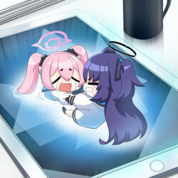 Rule 34 | 2girls, black footwear, black gloves, blue archive, chibi, closed eyes, crying, cup, disposable cup, gloves, halo, koyuki (blue archive), long hair, long sleeves, mini person, minigirl, mug, multiple girls, o (rakkasei), open mouth, paper stack, pink hair, purple hair, tablet pc, tears, twintails, two side up, wavy mouth, yuuka (blue archive)