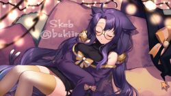 Rule 34 | 1girl, :o, ahoge, animal ear fluff, animal ears, bare shoulders, black dress, brown thighhighs, closed eyes, commentary, commission, dress, feet out of frame, glasses, jacket, long hair, long sleeves, lying, off shoulder, on back, original, parted bangs, parted lips, purple hair, purple jacket, round eyewear, skeb commission, sleeveless, sleeveless dress, sleeves past fingers, sleeves past wrists, solo, thighhighs, very long hair, yamabukiiro