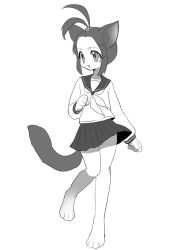 Rule 34 | 1girl, :d, ahoge, animal ears, commentary, full body, furry, furry female, greyscale, kai himo, knees together feet apart, long sleeves, looking away, looking to the side, monochrome, neckerchief, open mouth, pleated skirt, sailor collar, school uniform, serafuku, shirt, short hair, simple background, skirt, smile, solo, standing, tail, white background