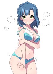 Rule 34 | 1girl, aqua bra, aqua panties, asymmetrical hair, bare arms, bare shoulders, blue hair, blush, body blush, bow, bow bra, bow panties, bra, braid, breasts, cleavage, closed mouth, cowboy shot, embarrassed, furrowed brow, hand on own arm, hand on own leg, idolmaster, idolmaster million live!, looking at viewer, medium breasts, medium hair, nanao yuriko, navel, panties, parted bangs, pink bow, shoulder blush, simple background, solo, standing, strap slip, sweat, underwear, underwear only, white background, yellow eyes, zaza (zahaoming)