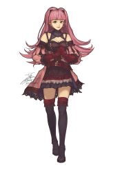 Rule 34 | 1girl, black dress, black footwear, blunt bangs, boots, breasts, cleavage, closed mouth, dress, earrings, elbow gloves, fadingz, fire emblem, fire emblem: three houses, full body, gloves, highres, hilda valentine goneril, jewelry, long hair, medium breasts, nintendo, pink hair, red eyes, red gloves, short dress, signature, simple background, smile, solo, standing, thigh boots, thighhighs, twintails, very long hair, white background, zettai ryouiki