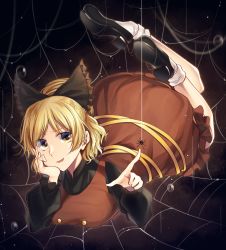 Rule 34 | 1girl, arm support, black bow, black footwear, black shirt, blonde hair, bow, brown dress, bug, commentary request, dress, full body, hair bow, highres, index finger raised, kaede (mmkeyy), kurodani yamame, long sleeves, looking at viewer, ponytail, shirt, shoes, silk, socks, solo, spider, spider web, touhou, white socks, yellow eyes