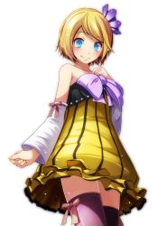 Rule 34 | 1girl, absurdres, bare shoulders, blonde hair, blue eyes, blush, bow, cheerful candy (module), collarbone, colorful x melody (vocaloid), cowboy shot, detached sleeves, dress, dress bow, flower, frilled dress, frills, hair flower, hair ornament, hand on own chest, highres, kagamine rin, looking at viewer, nail polish, project diva (series), project diva 2nd, purple flower, ribbon-trimmed legwear, ribbon-trimmed sleeves, ribbon trim, short dress, short hair, smile, solo, strapless, strapless dress, striped clothes, striped dress, thighhighs, tsukishiro saika, vocaloid, yellow dress, yellow nails, zettai ryouiki
