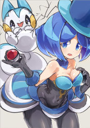 Rule 34 | 10s, 1girl, alternate color, bad id, bad tumblr id, bare shoulders, battle chatelaine, black pantyhose, blue eyes, blue hair, breasts, choker, cleavage, collarbone, covered navel, creatures (company), dress, evelyn (pokemon), game freak, gen 4 pokemon, gloves, happy, hat, hip focus, holding, holding poke ball, jumping, large breasts, legs, multicolored hair, nintendo, npc trainer, open mouth, pachirisu, pantyhose, poke ball, poke ball (basic), pokemon, pokemon (creature), pokemon xy, pokoten (pokoten718), skin tight, skirt, teeth, top hat, two-tone hair, worried