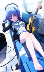 Rule 34 | 1girl, absurdres, amplifier, barefoot, black jacket, black skirt, blue archive, blue necktie, closed mouth, collared shirt, couch, dress shirt, electric guitar, feet, foreshortening, guitar, halo, highres, holding, holding own hair, instrument, jacket, long hair, long sleeves, looking at viewer, lying, miniskirt, nasan (coldtime), necktie, on couch, open clothes, open jacket, paper, parted bangs, pleated skirt, purple eyes, purple hair, shirt, skirt, smile, solo, toes, two side up, white shirt, yuuka (blue archive)