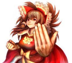Rule 34 | 1girl, blush, bow, breasts, brown hair, clenched hand, closed mouth, commentary request, cookie (touhou), cowboy shot, frilled bow, frilled hair tubes, frills, hair bow, hair tubes, hakurei reimu, kanna (cookie), khn (kihana), long hair, looking at viewer, medium breasts, red bow, red eyes, red shirt, shirt, simple background, sleeveless, sleeveless shirt, smile, solo, touhou, white background, yellow bow