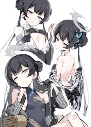 1girl bare_back black_dress black_hair blue_archive breasts butterfly_hair_ornament china_dress chinese_clothes cotama double_bun dragon_print dress grey_eyes hair_bun hair_ornament halo highres holding holding_phone japanese_clothes kimono kisaki_(blue_archive) kisaki_(school_uniform)_(blue_archive) long_hair looking_at_viewer phone solo twintails