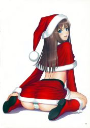 Rule 34 | 1girl, :d, absurdres, ass, blue eyes, boots, brown hair, from behind, full body, hat, highres, long hair, looking back, miniskirt, non-web source, open mouth, original, page number, panties, pantyshot, santa costume, santa hat, scan, simple background, sitting, skirt, smile, solo, striped clothes, striped panties, tony taka, underwear, wariza, white background