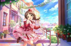 Rule 34 | 1girl, boots, braid, brown eyes, brown hair, building, cloud, dress, food, frills, fruit, game cg, hat, high heel boots, high heels, idolmaster, idolmaster cinderella girls, idolmaster cinderella girls starlight stage, mini hat, official art, open mouth, solo, strawberry, tachibana arisu, water, window