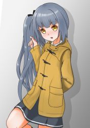 Rule 34 | 1girl, absurdres, brown eyes, coat, cowboy shot, daichi (daiti1318), dress, gradient background, grey background, grey hair, grey skirt, highres, holding, holding hair, huge filesize, kantai collection, kasumi (kancolle), kasumi kai ni (kancolle), long hair, looking at viewer, pinafore dress, side ponytail, skirt, sleeveless dress, solo, standing, yellow coat