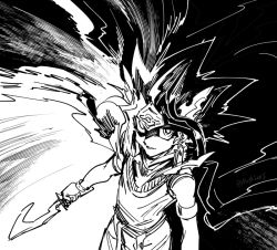 Rule 34 | 1boy, armlet, atem, black hair, cape, commentary request, egyptian, from above, fushitasu, greyscale, holding, looking at viewer, male focus, monochrome, parted lips, shirt, sketch, smirk, solo, spiked hair, yu-gi-oh!, yu-gi-oh! duel monsters