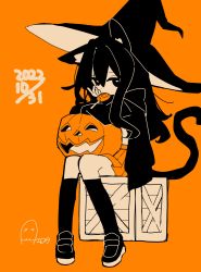 Rule 34 | 1girl, absurdres, aida (aidia), animal ears, black eyes, black footwear, black hair, black hat, black thighhighs, candy, cat ears, cat girl, cat tail, commentary, food, hat, highres, jack-o&#039;-lantern, limited palette, lollipop, looking at viewer, mouth hold, orange background, orange skirt, orange theme, original, pumpkin, shoes, sitting, skirt, solo, tail, thighhighs, witch hat