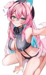 Rule 34 | 1girl, :3, ?, absurdres, animal ears, bandaid, bandaid on face, bandaid on nose, blue eyes, blush, breasts, cleavage, colored inner hair, commentary, crop top, dog ears, dog girl, dog tail, english commentary, fang, hair between eyes, hat, highres, indie virtual youtuber, large breasts, long hair, looking at viewer, multicolored hair, navel, pink hair, safety pin, selfie, sitting, skin fang, solo, tail, two-tone hair, virtual youtuber, wariza, white background, yuniiho, yuniiho (vtuber)