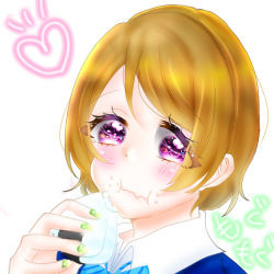 Rule 34 | 1girl, artist name, artist request, blue bow, blue bowtie, blue jacket, blush, bow, bowtie, brown hair, buttons, collared shirt, emeronwater, female focus, food, green nails, hair between eyes, holding, holding food, jacket, koizumi hanayo, looking at viewer, love live!, love live! school idol project, nail polish, nails, onigiri, otonokizaka school uniform, purple eyes, school uniform, shirt, short hair, solo, striped bow, striped bowtie, striped clothes, white background, white shirt