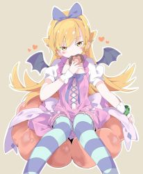 Rule 34 | 1girl, bakemonogatari, bat wings, black wings, blonde hair, blue hairband, blue ribbon, blush stickers, brown background, brown eyes, clothing cutout, commentary request, doughnut, dress, eating, eyebrows hidden by hair, feet out of frame, food, french cruller, hair between eyes, hair ribbon, hairband, half-closed eyes, head tilt, heart, highres, holding, holding food, long hair, looking at viewer, monogatari (series), navel, navel cutout, oshino shinobu, outline, pink dress, puffy short sleeves, puffy sleeves, ribbon, short sleeves, sitting, solo, striped clothes, striped thighhighs, tantan men (dragon), thighhighs, very long hair, white outline, wings