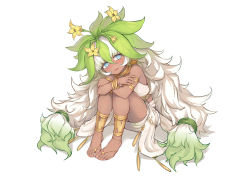 Rule 34 | 1girl, absurdres, anklet, aomoro, armlet, bandeau, barefoot, barefoot sandals (jewelry), blue eyes, blunt bangs, blush, clover theater, commentary request, crossed arms, dark-skinned female, dark skin, feet, flower, full body, gradient hair, green hair, highres, hugging own legs, jewelry, knees up, long hair, looking at viewer, multicolored hair, open mouth, pencil skirt, plant hair, sitting, skirt, solo, toes, very long hair, white background, white hair, white skirt, yellow flower