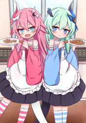 Rule 34 | &gt; &lt;, 2girls, :d, apron, black skirt, blue eyes, blue ribbon, blue sleeves, blush, bow, closed mouth, commentary request, cookie, detached sleeves, fang, food, frilled apron, frills, green hair, hair between eyes, hair bow, hair ornament, hair ribbon, highres, holding, holding food, holding plate, honkai (series), honkai impact 3rd, horns, indoors, jiu (sdesd3205), liliya olenyeva, long sleeves, multiple girls, open mouth, pink bow, pink hair, pink sleeves, plate, pleated skirt, ribbon, rozaliya olenyeva, short eyebrows, single horn, skirt, smile, strapless, striped bow, striped clothes, striped legwear, striped thighhighs, tail, thick eyebrows, thighhighs, white apron, wide sleeves, window, wooden floor
