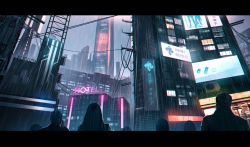 Rule 34 | 2boys, 2girls, bad id, bad pixiv id, black jacket, building, cloud, cloudy sky, commentary request, facing away, hand up, jacket, letterboxed, long hair, multiple boys, multiple girls, neon lights, original, outdoors, overcast, rain, scenery, sign, sky, skyscraper, translation request, window, yurichtofen