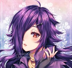 Rule 34 | 1girl, ahoge, black gloves, blush, close-up, commission, fingerless gloves, gloves, hair ornament, hair over one eye, hairclip, highres, looking at viewer, original, parted lips, purple hair, red eyes, sasucchi95, solo, upper body