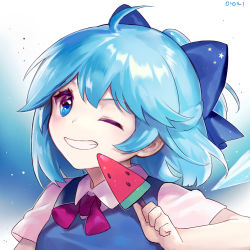 Rule 34 | 1girl, ahoge, ainy, bad id, bad pixiv id, blue background, blue bow, blue eyes, blue hair, blue vest, bow, bowtie, cirno, food, grin, hair bow, ice, ice wings, looking at viewer, matching hair/eyes, one eye closed, pink bow, pink bowtie, popsicle, portrait, short sleeves, smile, solo, star (symbol), touhou, vest, watermelon bar, wings