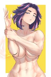 Rule 34 | 1girl, abs, anagumasan, boku no hero academia, breasts, collarbone, completely nude, covering privates, covering breasts, curvy, highres, lady nagant, large breasts, looking at viewer, multicolored hair, muscular, muscular female, navel, nude, out-of-frame censoring, parted lips, pink hair, purple eyes, purple hair, short hair, solo, stomach, toned, yellow background