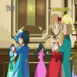 Rule 34 | 10s, animated, animated gif, ash ketchum, clemont (pokemon), creatures (company), dancing, dress, game freak, lowres, miette (pokemon), multiple boys, multiple girls, nintendo, pokemon, pokemon (anime), pokemon performer, pokemon xy, pokemon xy (anime), serena (pokemon)