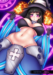 Rule 34 | 1girl, artist name, bikini, bikini top only, black bikini, black hair, blunt bangs, blush, breasts, collar, en&#039;en no shouboutai, fire, gloves, groin, hat, huge breasts, large breasts, long hair, looking at viewer, maki oze, navel, o-ring, o-ring bikini, parted lips, purple eyes, sevie, shiny skin, solo, stomach, swimsuit, wide sleeves, witch, witch hat