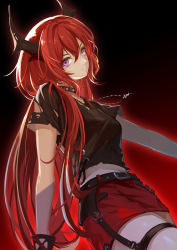 Rule 34 | 1girl, arknights, black background, black choker, black shirt, choker, commentary request, cowboy shot, cross, cross necklace, gradient background, head tilt, highres, horns, jewelry, lancefate, long hair, looking at viewer, midriff peek, miniskirt, necklace, official alternate costume, pencil skirt, purple eyes, red background, red hair, red skirt, shirt, short sleeves, skirt, solo, surtr (arknights), surtr (liberte echec) (arknights), thigh strap, very long hair