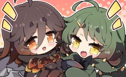Rule 34 | 2girls, :d, ahoge, black cloak, blush, brown eyes, brown hair, character request, chibi, cloak, commentary request, deviljho, fang, green hair, green jacket, hair between eyes, hair ornament, hairclip, halftone, halftone background, highres, hood, hood down, hooded jacket, jacket, looking at viewer, milkpanda, monster hunter (series), multiple girls, notice lines, open mouth, personification, short eyebrows, smile, spikes, tail, thick eyebrows, yellow eyes