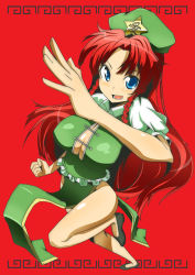 Rule 34 | 1girl, blue eyes, breasts, china dress, chinese clothes, dress, female focus, hat, hong meiling, immaterial and missing power, long hair, no bra, no panties, red hair, solo, toudori, touhou