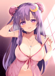 Rule 34 | 1girl, arm behind head, arm up, babydoll, bare arms, bare shoulders, blunt bangs, blush, breasts, breath, bun cover, cleavage, collarbone, commentary request, crescent, crescent hair ornament, crescent pin, double bun, gradient background, hair bun, hair ornament, hand up, head tilt, highres, indoors, jewelry, large breasts, lips, long hair, looking at viewer, maturiuta sorato, navel, nipples, open mouth, patchouli knowledge, pendant, purple background, purple eyes, purple hair, red ribbon, ribbon, see-through, shiny skin, solo, sweat, touhou, upper body