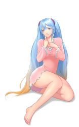 Rule 34 | 1girl, alternate costume, aqua hair, bare legs, blonde hair, blue eyes, breasts, covering privates, covering breasts, full body, hair ornament, highres, league of legends, long hair, looking at viewer, multicolored hair, pajamas, reirano, scrunchie, sitting, solo, sona (league of legends), thighs, twintails, two-tone hair, very long hair, wavy mouth, worried