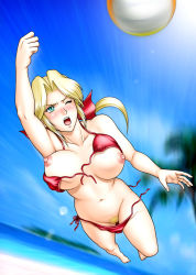 Rule 34 | 1girl, ball, beach volleyball, bikini, blonde hair, blue eyes, bow, breasts, cleft of venus, dead or alive, front-tie top, hair bow, helena douglas, kitamura (bamboo), large breasts, long hair, navel, one eye closed, playing sports, pubic hair, pussy, side-tie bikini bottom, swimsuit, tecmo, unaligned breasts, uncensored, untied, volleyball, volleyball (object), wardrobe malfunction