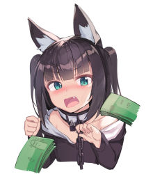 Rule 34 | 1girl, animal ear fluff, animal ears, black hair, black hoodie, blush, chain, collar, collarbone, cropped torso, fang, green eyes, hands up, hood, hood down, hoodie, long sleeves, metal collar, money, newey, nose blush, open mouth, original, simple background, sleeves past wrists, solo, two side up, upper body, white background