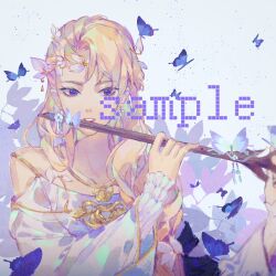Rule 34 | 1girl, asymmetrical bangs, bare shoulders, blonde hair, blue butterfly, bug, butterfly, collarbone, dress, eyelashes, flower, flute, hair flower, hair ornament, hair over shoulder, holding, holding instrument, insect, instrument, layered sleeves, leaf, leaf background, lips, long hair, long sleeves, looking at viewer, music, original, parted lips, playing instrument, purple eyes, red lips, sample watermark, sleeves past fingers, sleeves past wrists, solo, teeth, upper body, watermark, wavy hair, white background, white dress, white flower, white sleeves, yanmian (printemps-noir)