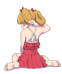 Rule 34 | 10s, 1girl, aisaki emiru, bare shoulders, barefoot, brown hair, commentary request, dress, from behind, hair ribbon, hugtto! precure, looking at viewer, looking back, one-piece swimsuit, precure, red dress, red eyes, red one-piece swimsuit, red ribbon, ribbon, short hair, sitting, solo, swimsuit, twintails, uyoshi