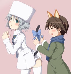 Rule 34 | 2girls, :d, ^ ^, animal ears, aqua eyes, bow, brown hair, closed eyes, fur hat, hat, joney, miyafuji yoshika, multiple girls, open mouth, sanya v. litvyak, scarf, short hair, silver hair, simple background, smile, strike witches, tail, tail bow, tail ornament, thighhighs, white legwear, world witches series