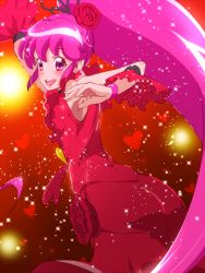Rule 34 | 10s, 1girl, aino megumi, alternate form, cure lovely, cure lovely (cherry flamenco), dancing, detached sleeves, dress, flower, hair flower, hair ornament, happinesscharge precure!, heart, long hair, magical girl, pink eyes, pink hair, ponytail, precure, red background, red dress, red flower, red rose, red theme, rose, solo, tj-type1, wide ponytail