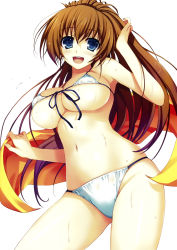 Rule 34 | 1girl, absurdres, bare shoulders, bikini, blue eyes, breasts, brown hair, front-tie bikini top, front-tie top, highres, holding, large breasts, long hair, looking at viewer, open mouth, simple background, smile, solo, swimsuit, tomose shunsaku, towel, underboob, wet, white background, white bikini