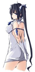 Rule 34 | 10s, 1girl, backless outfit, bare back, black hair, breasts, dress, dungeon ni deai wo motomeru no wa machigatteiru darou ka, female focus, gloves, hestia (danmachi), kamukamu (ars), large breasts, long hair, looking at viewer, rei no himo, simple background, solo, twintails, very long hair, white background, white dress, white gloves