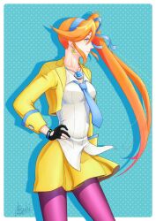 Rule 34 | 1girl, ace attorney, athena cykes, black gloves, blue necktie, blue ribbon, closed mouth, collarbone, collared shirt, cowboy shot, crescent, crescent earrings, cropped jacket, dated, earrings, from side, gloves, hair ribbon, hand on own hip, highres, jacket, jewelry, long hair, long sleeves, necklace, necktie, open clothes, open jacket, orange hair, pantyhose, ribbon, shirt, side ponytail, signature, skirt, smile, solo, tsuki (applebeniakari), very long hair, white shirt, yellow jacket, yellow skirt