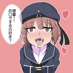Rule 34 | 10s, 1girl, bad id, bad pixiv id, blush, brown eyes, brown hair, heart, kantai collection, kodachi (kuroyuri shoukougun), looking at viewer, open mouth, oral invitation, saliva, simple background, solo, translated, z3 max schultz (kancolle)