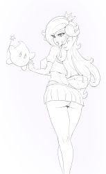 Rule 34 | 1girl, absurdres, ass, bag, black lips, breasts, crown, drawfag, earrings, eyes visible through hair, greyscale, hair over one eye, handbag, highres, jewelry, large breasts, lips, lipstick, long hair, long legs, looking at viewer, looking back, luma (mario), makeup, mario (series), monochrome, nintendo, open mouth, pleated skirt, rosalina, skirt, solo, super mario galaxy, tank top, thong, wand