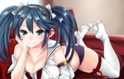 Rule 34 | 10s, 1girl, black panties, blush, breasts, cleavage, fang, feet, green eyes, hair ribbon, head rest, isuzu (kancolle), kantai collection, large breasts, long hair, looking at viewer, lying, no shoes, on stomach, panties, parabora (nipplemokuba), personification, ribbon, smile, soles, solo, thighhighs, twintails, underwear, white thighhighs