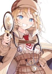 Rule 34 | 1girl, :d, absurdres, akamoku, blonde hair, blue eyes, blush, brown coat, brown hat, coat, collared shirt, commentary request, deerstalker, grin, hair ornament, hairclip, hand on own hip, hat, highres, holding, holding magnifying glass, hololive, hololive english, long sleeves, magnifying glass, necktie, open clothes, open coat, open mouth, red necktie, shirt, short hair, simple background, smile, solo, teeth, twitter username, upper body, virtual youtuber, watson amelia, white background, white shirt