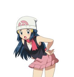 Rule 34 | 1girl, :o, beanie, black shirt, blush, commentary request, cowboy shot, creatures (company), dawn (pokemon), eyelashes, game freak, grey eyes, hair ornament, hairclip, hands on own hips, hat, leaning forward, long hair, looking at viewer, nintendo, open mouth, pokemon, pokemon dppt, raised eyebrows, scarf, shirt, skirt, sleeveless, sleeveless shirt, solo, suitenan, tongue, transparent background, white hat