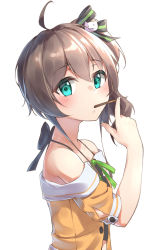 Rule 34 | 1girl, ahoge, aqua eyes, black camisole, black ribbon, brown hair, camisole, cat hair ornament, collarbone, commentary request, food, food in mouth, from side, green ribbon, hair between eyes, hair ornament, hair ribbon, halterneck, highres, hololive, jacket, kurumi tsuchi, looking at viewer, looking to the side, natsuiro matsuri, natsuiro matsuri (1st costume), off-shoulder jacket, off shoulder, orange jacket, pocky, ribbon, short hair, short sleeves, side ponytail, sidelocks, simple background, solo, spaghetti strap, upper body, virtual youtuber, white background